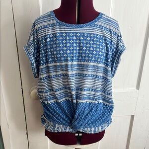 Lucky Brand Blue Short Sleeve Tie Front Blouse